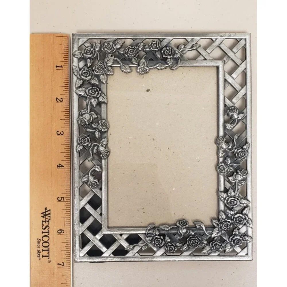 Pewter Style Picture Frame 5” x 7” Photo Vintage Floral Rose Motif Lattice Roses